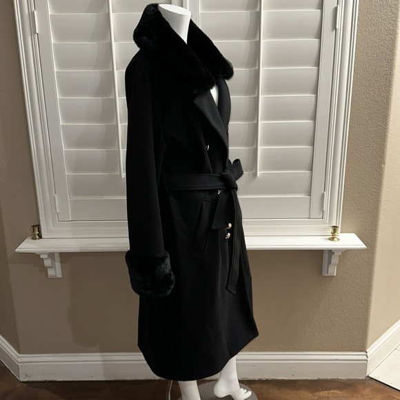 River Island Black Villanelle Coat Long w/ Faux Fur & Detachable Collar - Picture 4 of 13